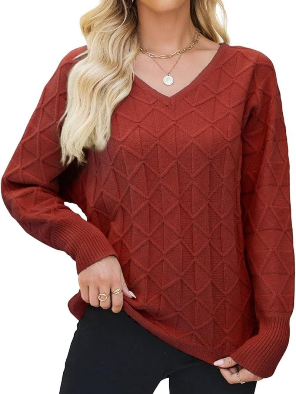 Women Sweater Chunky Cable Knit V Neck Long Sleeve Winter Thick Diamond L